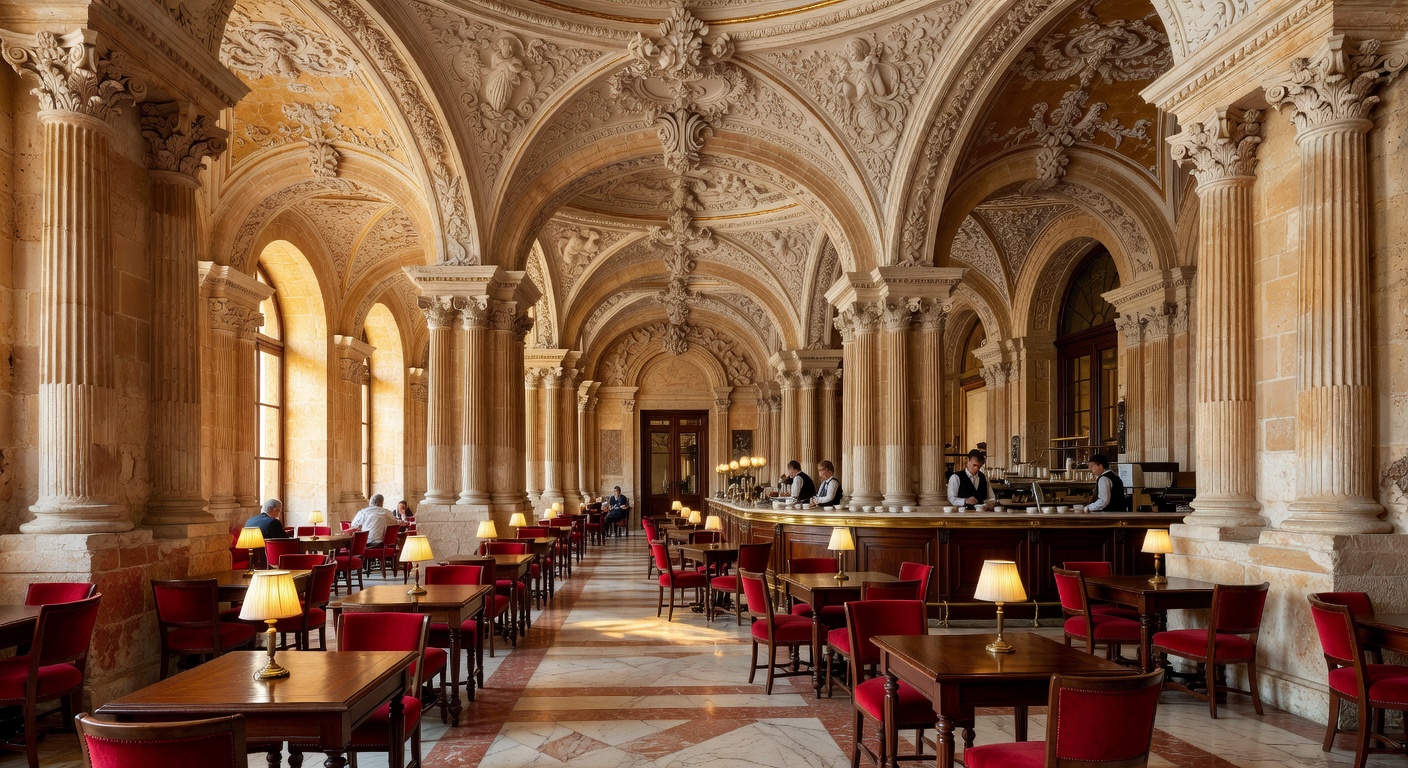 Elegant luxury café interior with warm ambient lighting and marble countertops