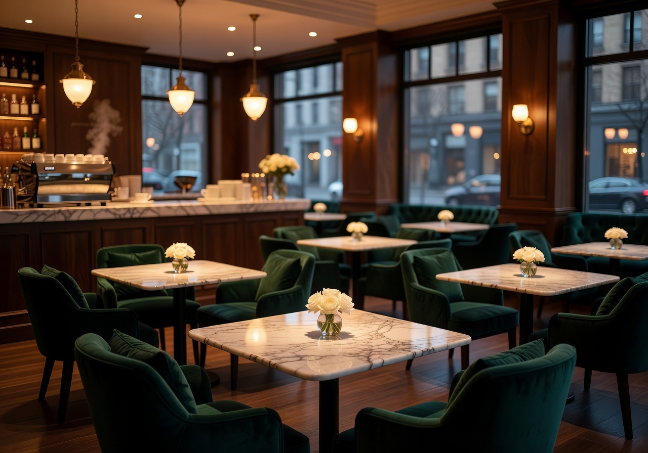 Elegant café interior with warm ambient lighting and marble tables