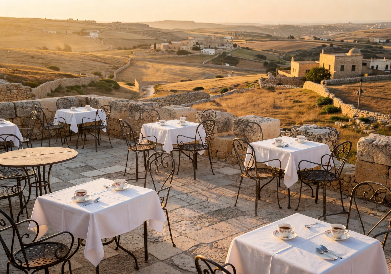 Rustic heritage café in Mdina with stone walls and warm lighting