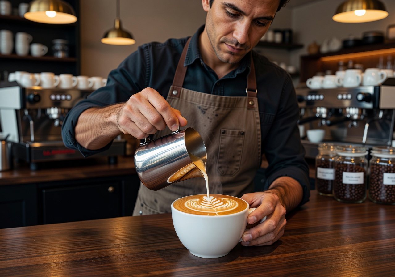 Specialty latte art served in a premium café setting