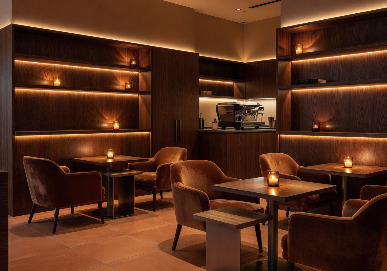 Warm inviting café interior with ambient lighting representing the Nexonixselect brand philosophy
